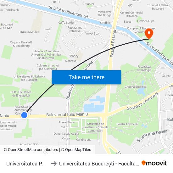 Universitatea Politehnica to Universitatea București - Facultatea De Filosofie map