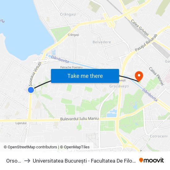 Orsova to Universitatea București - Facultatea De Filosofie map