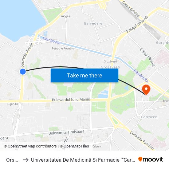 Orsova to Universitatea De Medicină Și Farmacie ""Carol Davila"" map