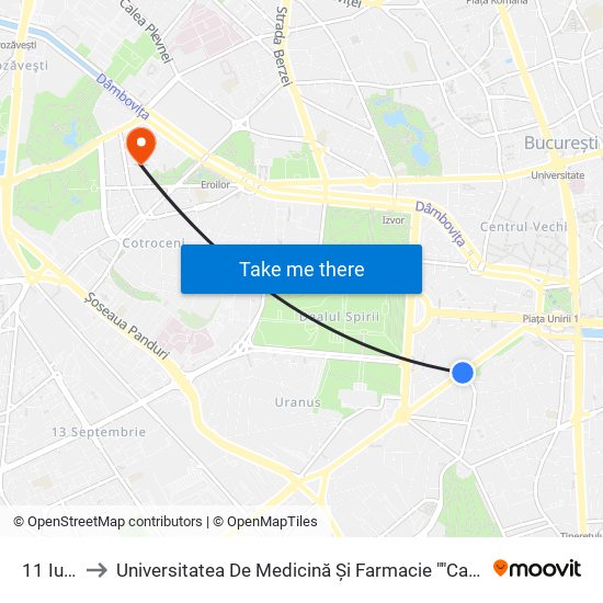 11 Iunie to Universitatea De Medicină Și Farmacie ""Carol Davila"" map