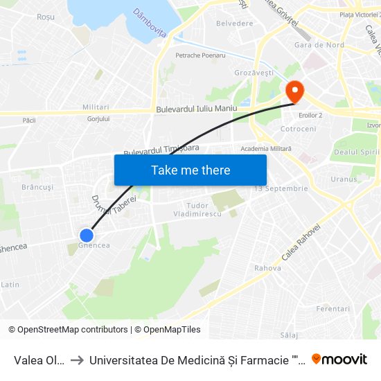 Valea Oltului to Universitatea De Medicină Și Farmacie ""Carol Davila"" map