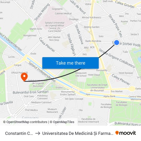 Constantin Cristescu to Universitatea De Medicină Și Farmacie ""Carol Davila"" map