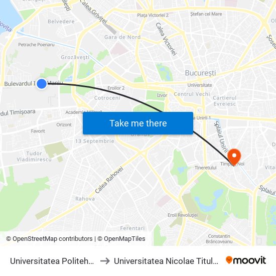 Universitatea Politehnica to Universitatea Nicolae Titulescu map