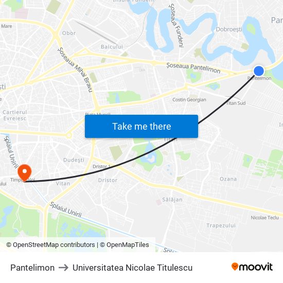 Pantelimon to Universitatea Nicolae Titulescu map