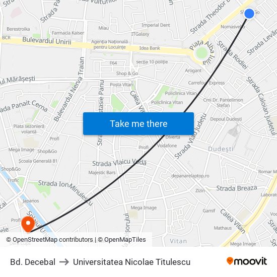 Bd. Decebal to Universitatea Nicolae Titulescu map
