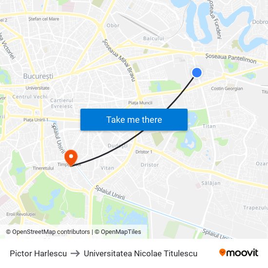 Pictor Harlescu to Universitatea Nicolae Titulescu map
