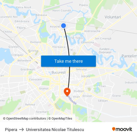 Pipera to Universitatea Nicolae Titulescu map