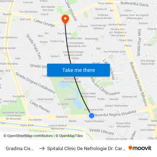 Gradina Cismigiu to Spitalul Clinic De Nefrologie Dr. Carol Davila map