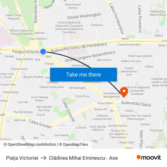 Piața Victoriei to Clădirea Mihai Eminescu - Ase map