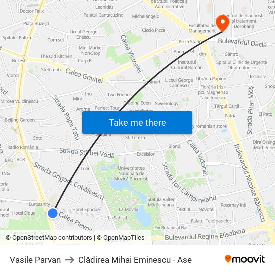 Vasile Parvan to Clădirea Mihai Eminescu - Ase map