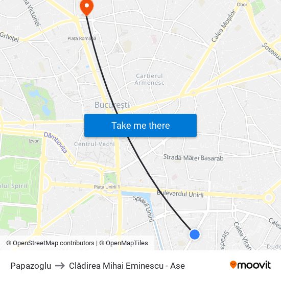 Papazoglu to Clădirea Mihai Eminescu - Ase map