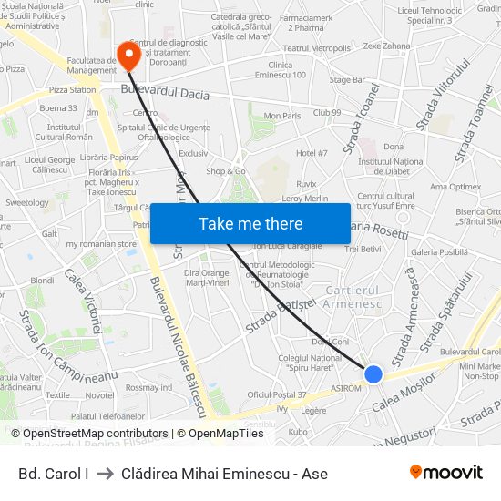 Bd. Carol I to Clădirea Mihai Eminescu - Ase map