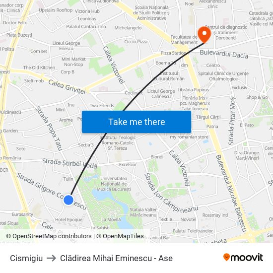 Cismigiu to Clădirea Mihai Eminescu - Ase map