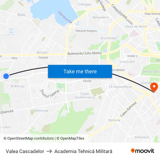 Valea Cascadelor to Academia Tehnică Militară map