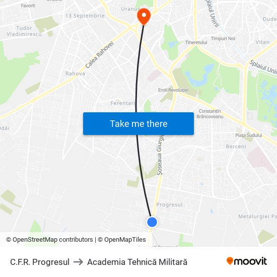 C.F.R. Progresul to Academia Tehnică Militară map