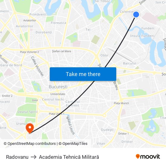Radovanu to Academia Tehnică Militară map