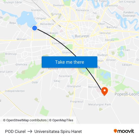 POD Ciurel to Universitatea Spiru Haret map