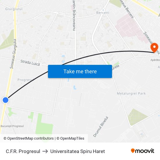 C.F.R. Progresul to Universitatea Spiru Haret map