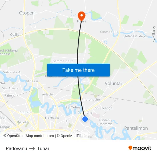 Radovanu to Tunari map