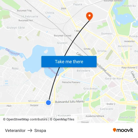 Veteranilor to Snspa map