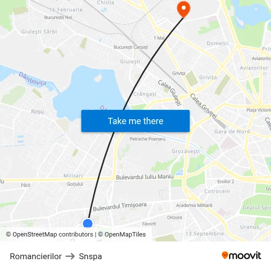 Romancierilor to Snspa map