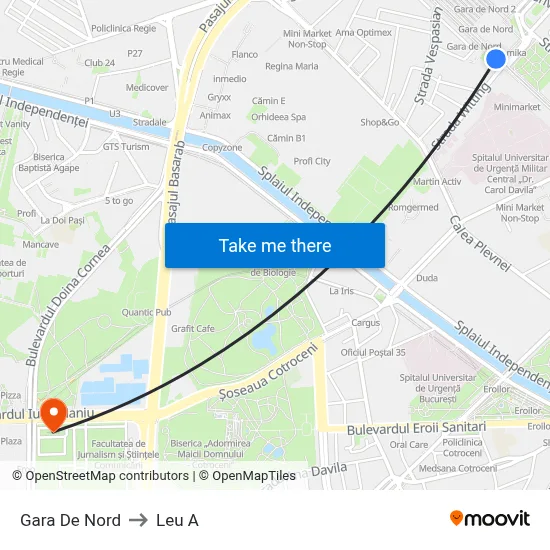 Gara De Nord to Leu A map