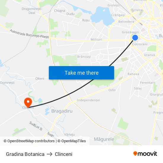 Gradina Botanica to Clinceni map