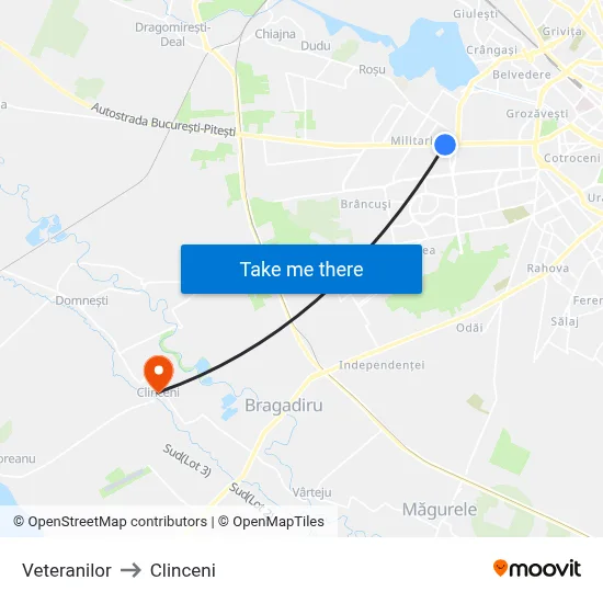 Veteranilor to Clinceni map
