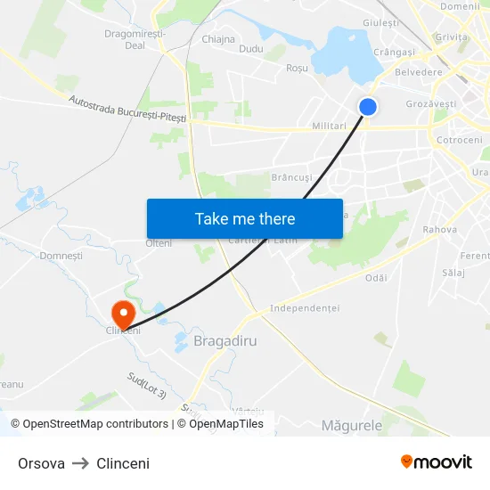 Orsova to Clinceni map