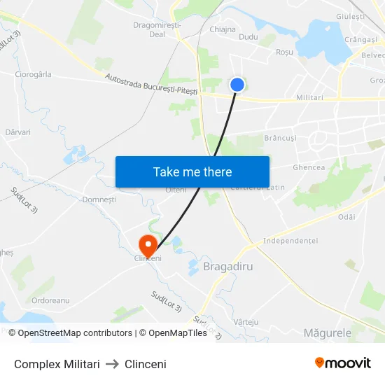 Complex Militari to Clinceni map