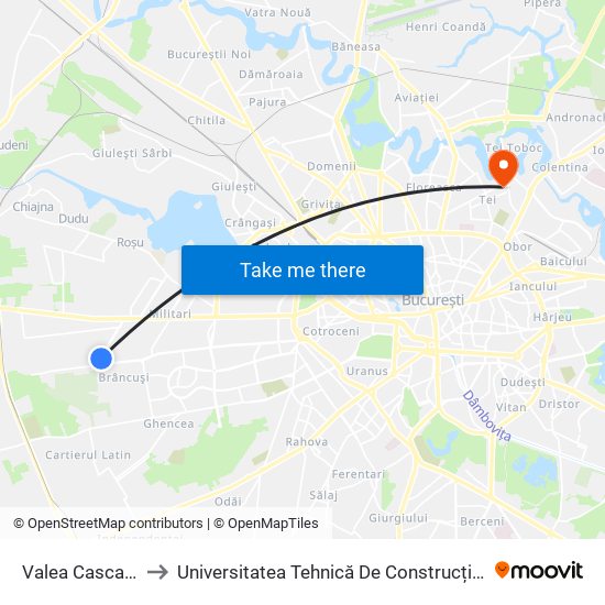 Valea Cascadelor to Universitatea Tehnică De Construcții București map