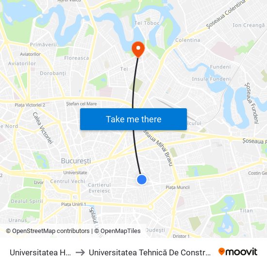 Universitatea Hyperion to Universitatea Tehnică De Construcții București map
