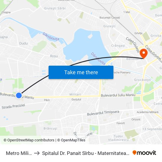 Metro Militari to Spitalul Dr. Panait Sîrbu - Maternitatea Giulești map