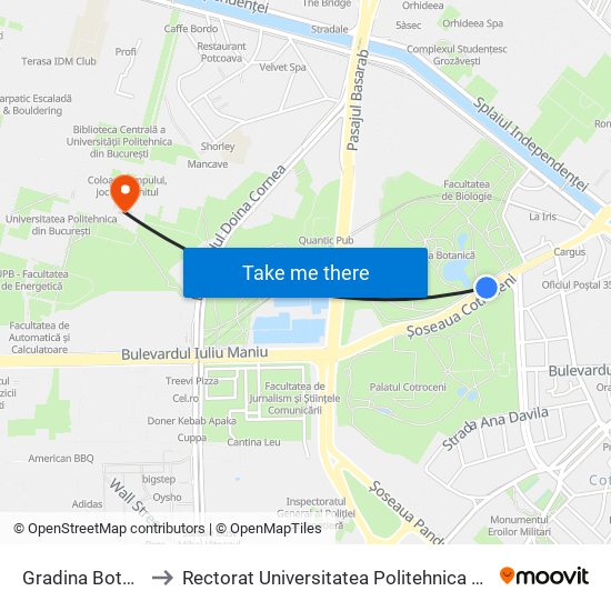 Gradina Botanica to Rectorat Universitatea Politehnica București map