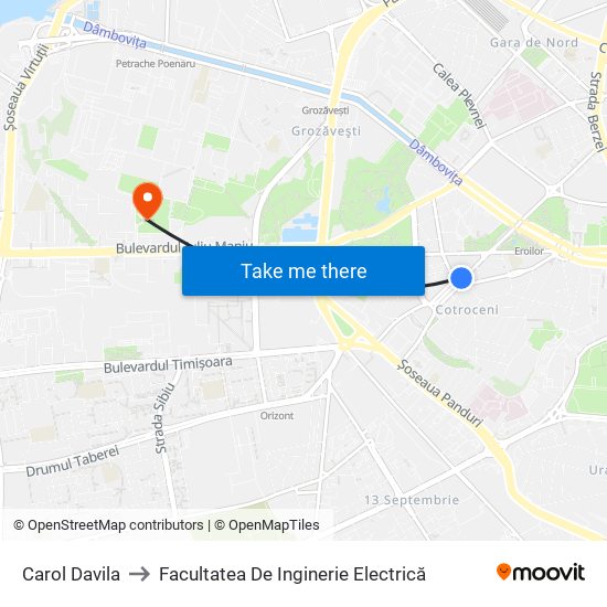 Carol Davila to Facultatea De Inginerie Electrică map