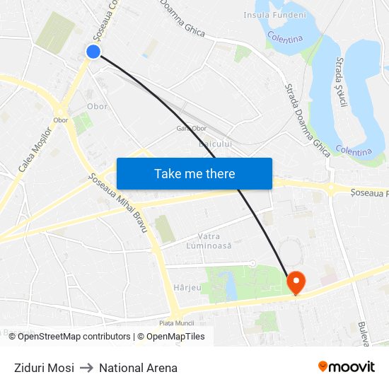 Ziduri Mosi to National Arena map