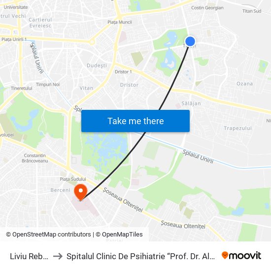 Liviu Rebreanu to Spitalul Clinic De Psihiatrie “Prof. Dr. Alexandru Obregia” map