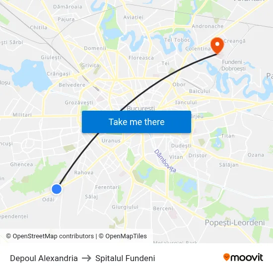 Depoul Alexandria to Spitalul Fundeni map