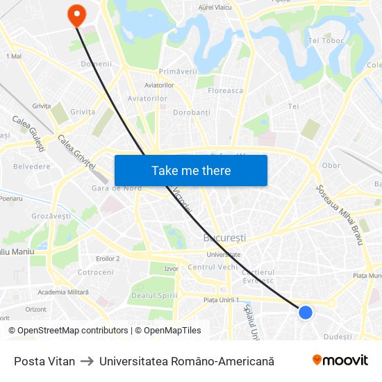 Posta Vitan to Universitatea Româno-Americană map