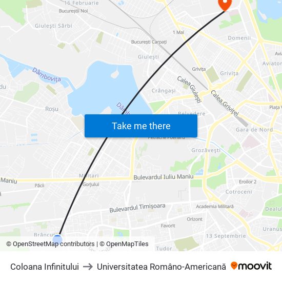 Coloana Infinitului to Universitatea Româno-Americană map