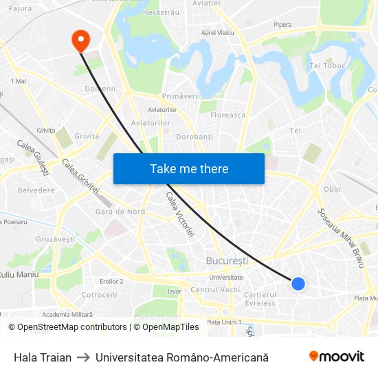 Hala Traian to Universitatea Româno-Americană map