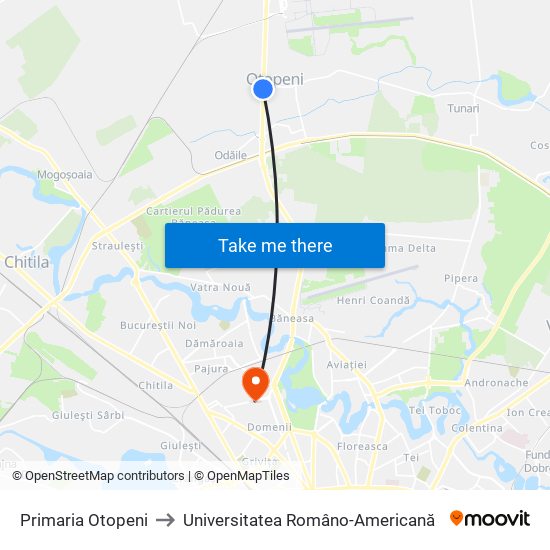 Primaria Otopeni to Universitatea Româno-Americană map