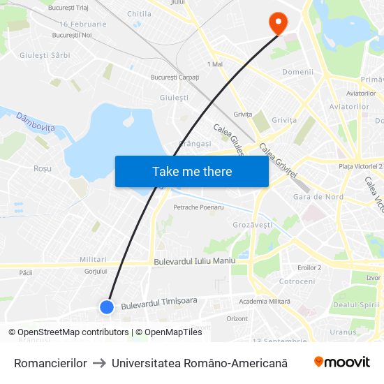 Romancierilor to Universitatea Româno-Americană map