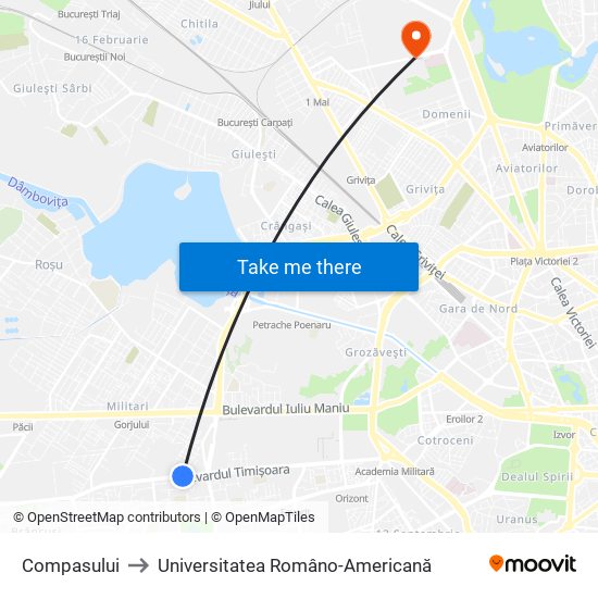 Compasului to Universitatea Româno-Americană map