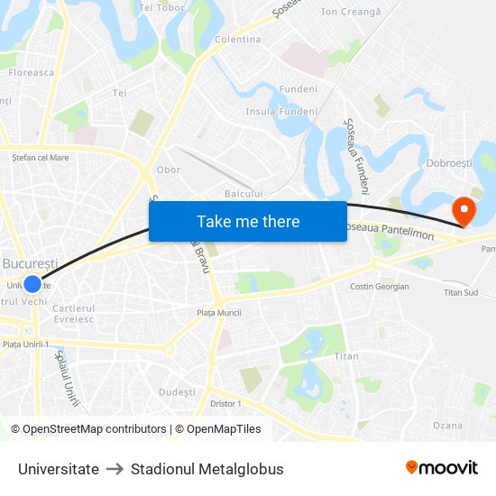 Universitate to Stadionul Metalglobus map