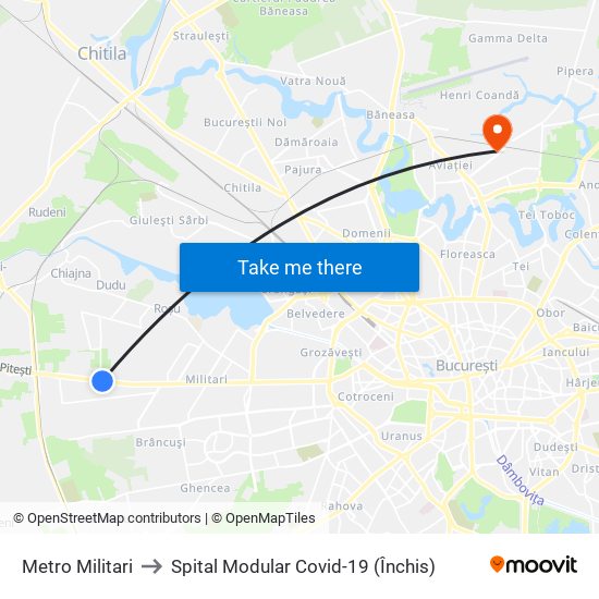 Metro Militari to Spital Modular Covid-19 (Închis) map