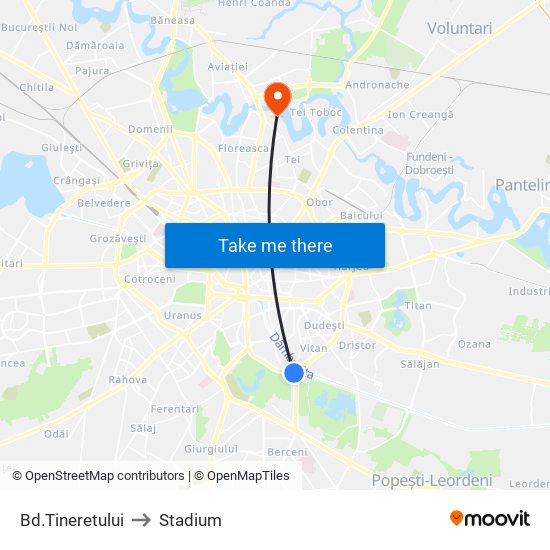 Bd.Tineretului to Stadium map