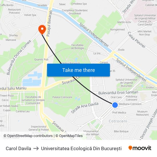 Carol Davila to Universitatea Ecologică Din București map