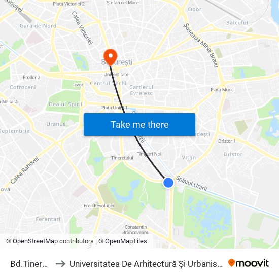 Bd.Tineretului to Universitatea De Arhitectură Și Urbanism Ion Mincu map