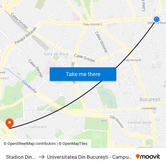 Stadion Dinamo to Universitatea Din București - Campus Panduri map